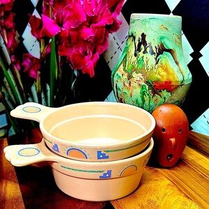 Vintage Native American Inspired Southwest Sun Soup Bowls Pair Turquoise Peach